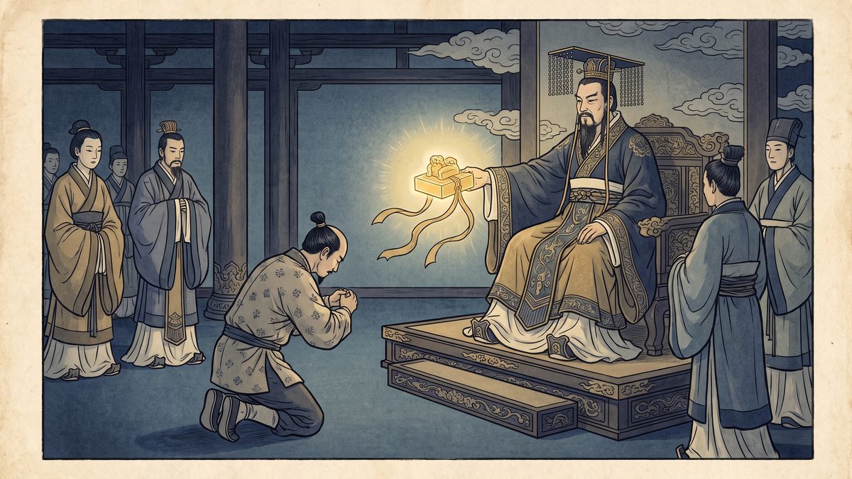 倭の奴国王が後漢に朝貢し金印を授かるの浮世絵イラスト