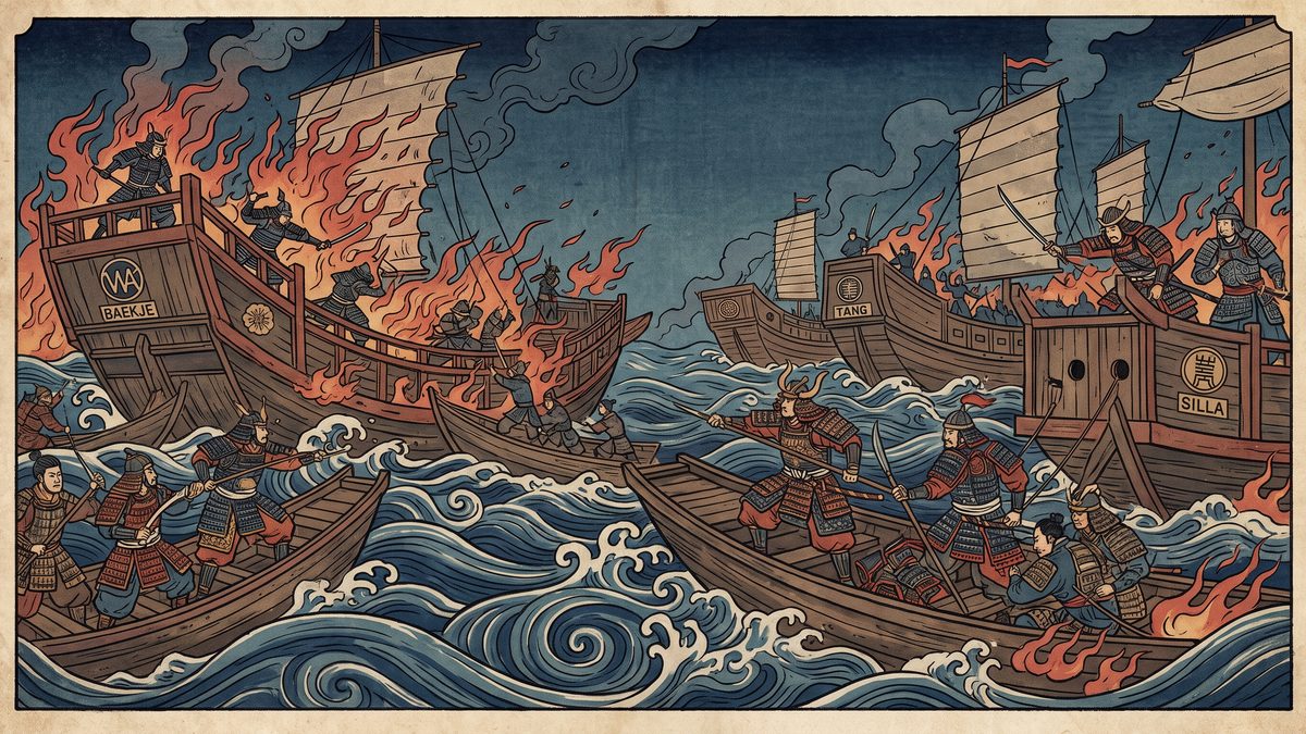 白村江の戦いの浮世絵イラスト