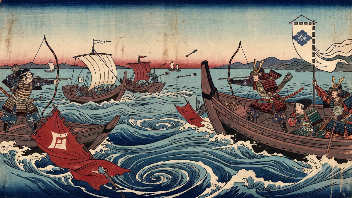 平氏滅亡・守護地頭の設置（鎌倉幕府の実質成立）の浮世絵イラスト