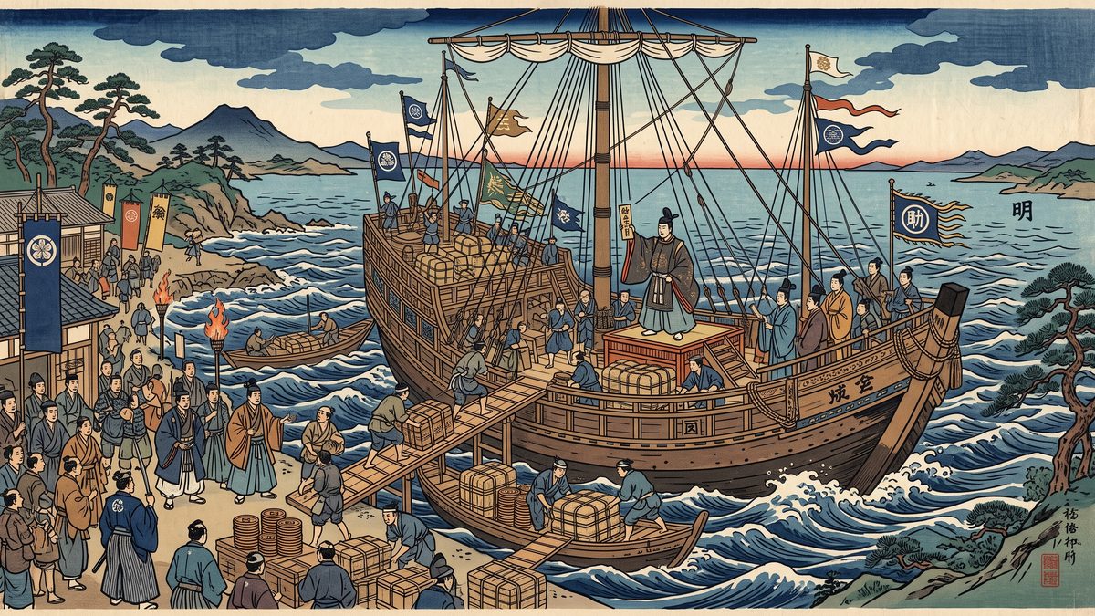 勘合貿易（日明貿易）の開始の浮世絵イラスト