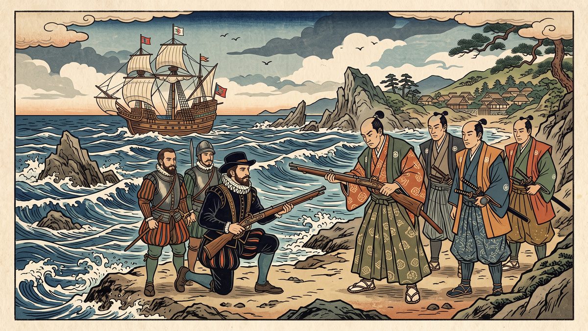 鉄砲伝来（種子島）の浮世絵イラスト