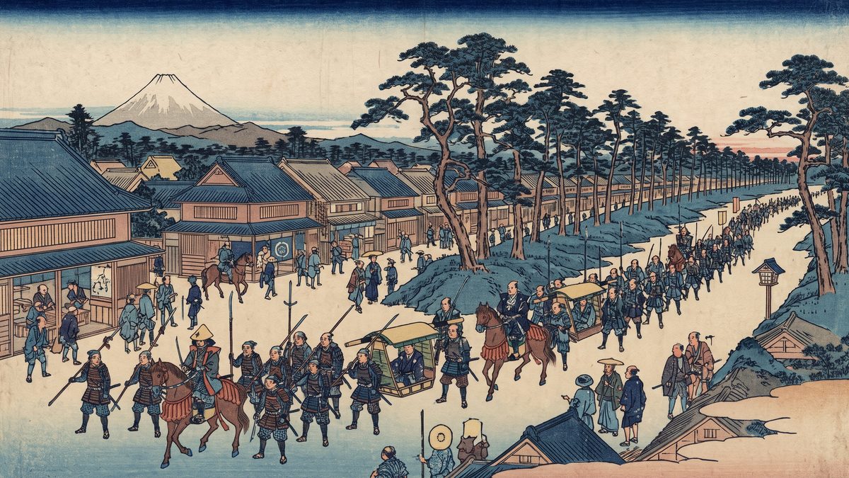 参勤交代の制度化（武家諸法度寛永令）の浮世絵イラスト