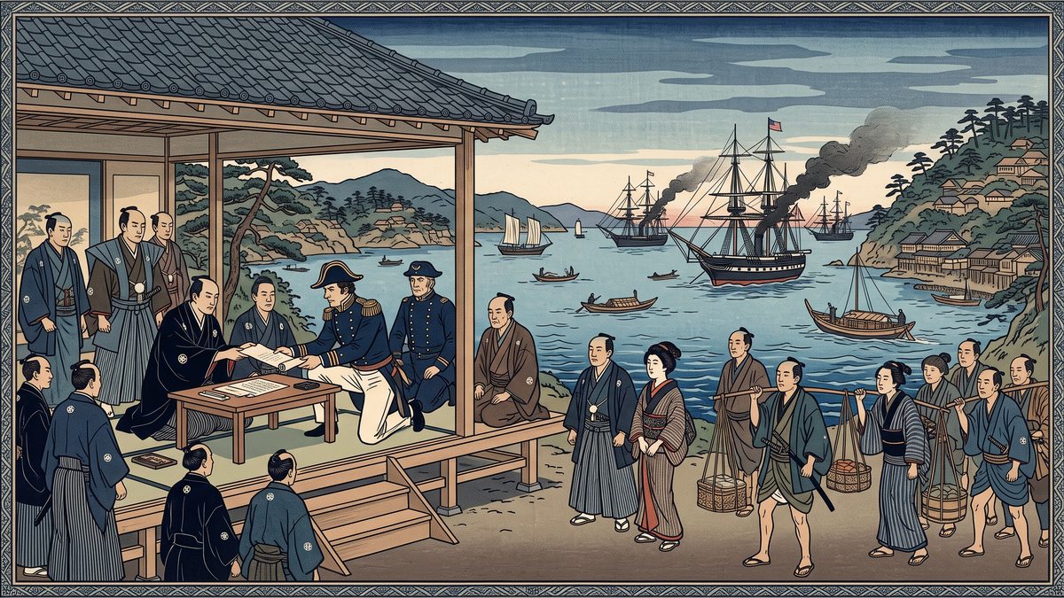 日米和親条約（開国）の浮世絵イラスト