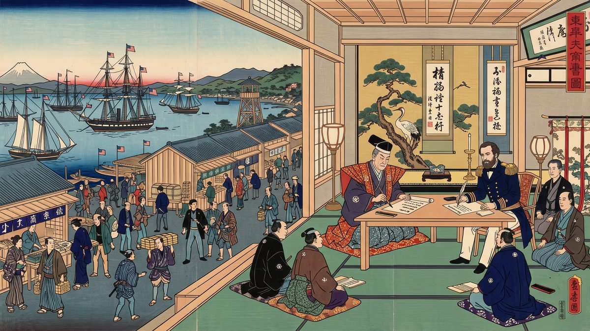 日米修好通商条約（不平等条約）の浮世絵イラスト