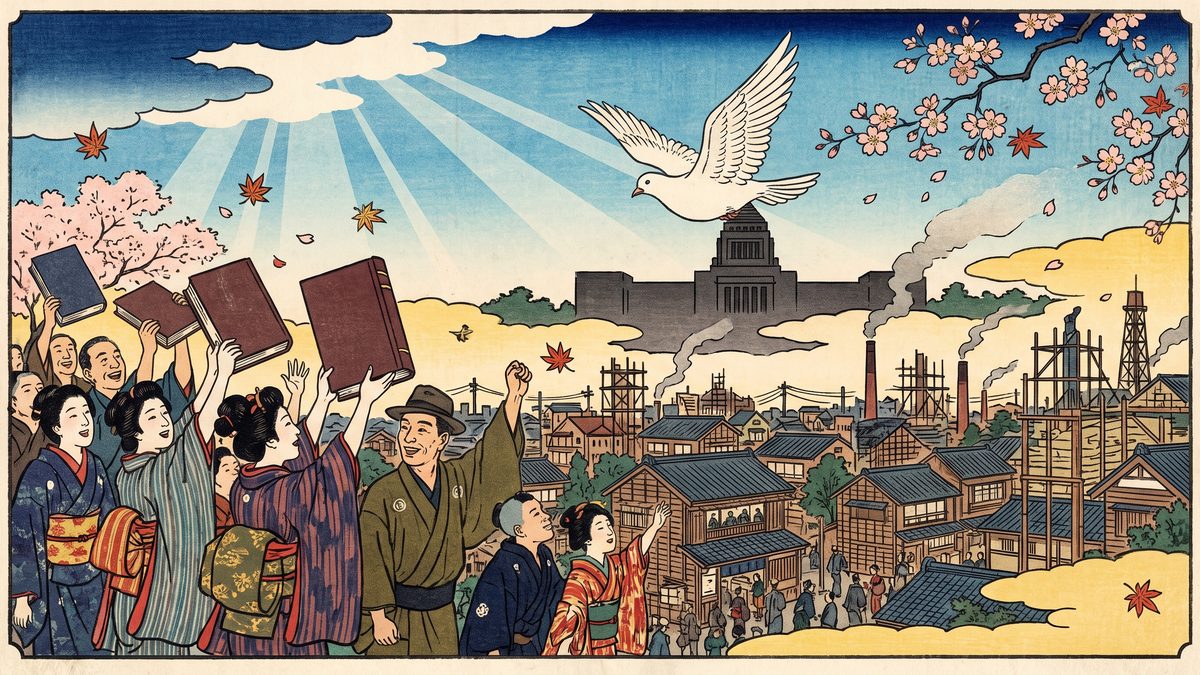 日本国憲法の公布の浮世絵イラスト
