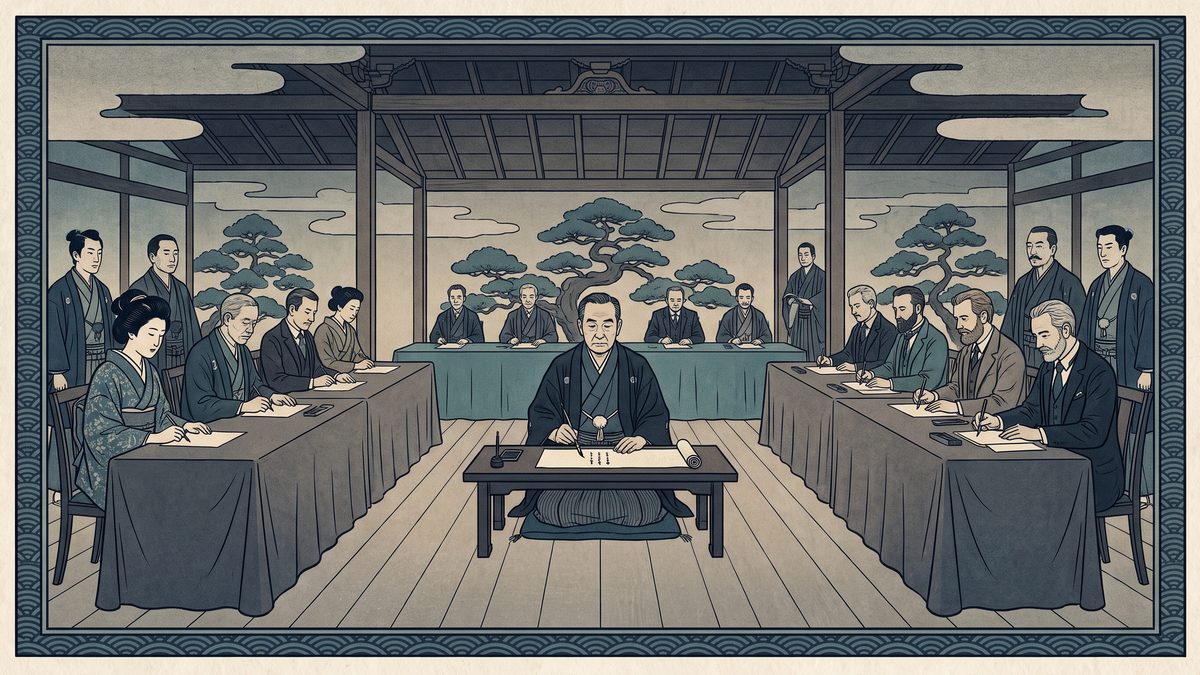 サンフランシスコ平和条約・日米安全保障条約の浮世絵イラスト