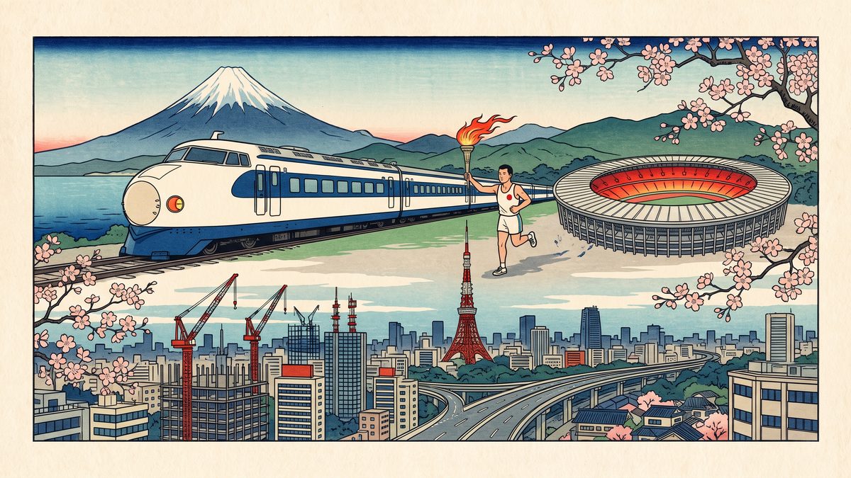 東京オリンピック（東海道新幹線開業）の浮世絵イラスト