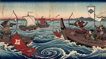 平氏滅亡・守護地頭の設置（鎌倉幕府の実質成立）の浮世絵イラスト