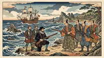鉄砲伝来（種子島）の浮世絵イラスト