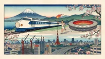 東京オリンピック（東海道新幹線開業）の浮世絵イラスト